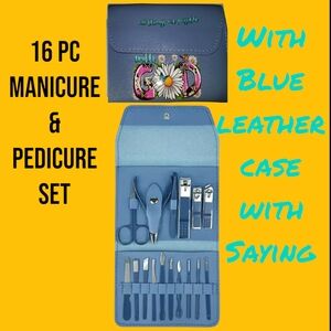 16-Piece Manicure & Pedicure Set with Blue Leather Case with Saying